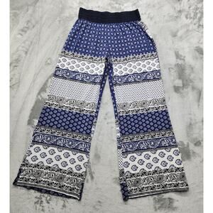 Robert Louis Pants Womens L Blue White Pull On Wide Leg Palazzo Nautical Beach